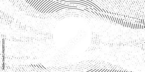 Radial halftone spotted gradient background. Dotted stains concentric texture with fading effect. Black and white circle shade wallpaper. Grunge rough vector. Monochrome geometric backdrop.