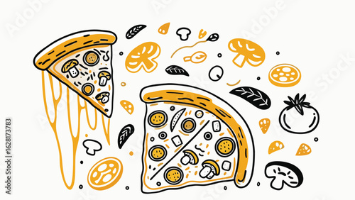 Illustration of two pizza slices with cheese and mushrooms and other toppings with black and yellow color