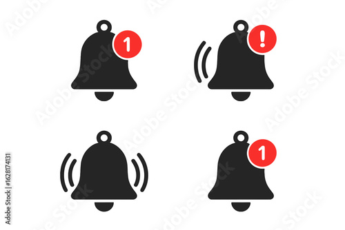 Notification bell icons set with red badge alert, ringing sound wave symbol, warning exclamation sign, new message indicator, flat vector alarm reminder collection for app UI UX design