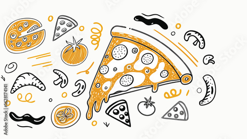 Illustration of a pizza slice surrounded by mushrooms tomatoes and other pizza related doodles art style