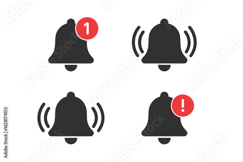 Ringing bell notification icons set with red badge, alert symbol, unread message, sound wave, new reminder, attention warning, push notice, mobile UI alert bells, vector concept illustration