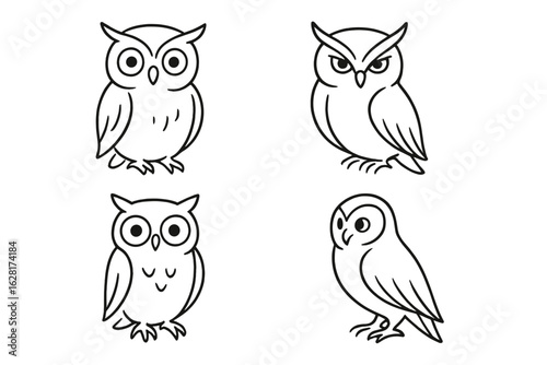 Hand drawn owl outline set – 4 minimal cartoon owl line art icons, cute stylized nocturnal bird characters for tattoo stencil, logo, clipart, kids coloring page, wildlife mascot illustration