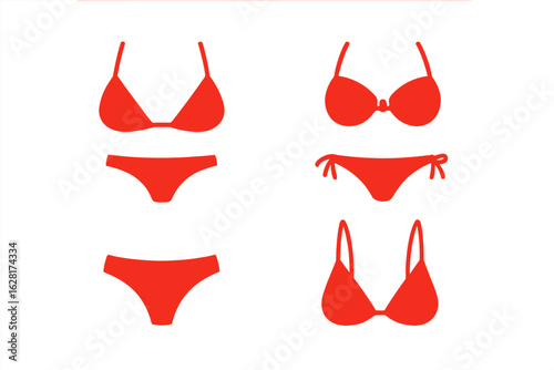 Red bikini icon set of 4 ‒ mix and match swimwear tops and bottoms, triangle bra, underwire balconette, tie-side briefs, minimal flat silhouette, summer beach fashion retail promo vector