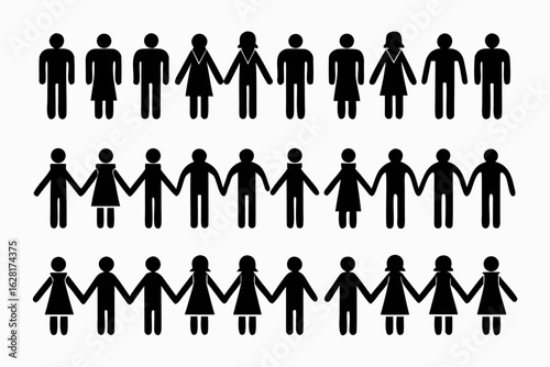 Diverse group of stick figures holding hands in three rows representing unity and community