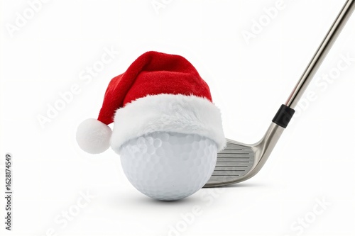 Santa hat on golf ball, club ready, white background, holiday promotion