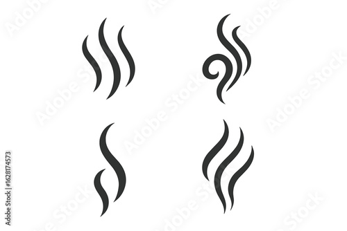 Abstract smoke swirl icons set, elegant curvy vapor lines, stylized rising steam symbols, minimalist flowing shapes for heat aroma scent or hot beverage design, decorative logo and pattern element