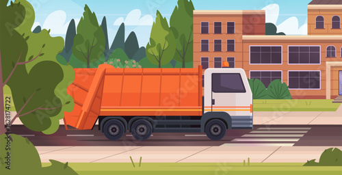 Orange garbage truck driving along a clean urban street. Represents environmental responsibility, municipal services, and efficient green waste management in a modern city. Vector Not AI generated