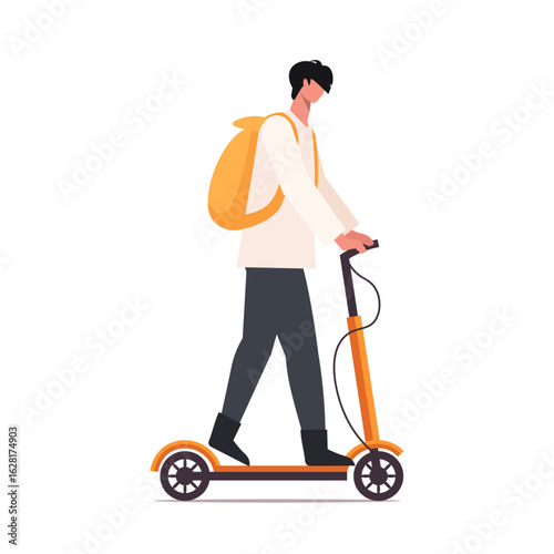 Man riding kick scooter. Green vehicle for city. Modern city lifestyle with sustainable mobility solution. Vector Not AI generated