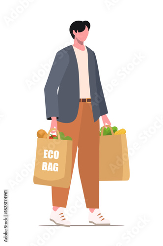  Male carrying reusable kraft paper grocery bags filled with fresh produce and market goods. Illustration isolated on white background. Vector Not AI generated