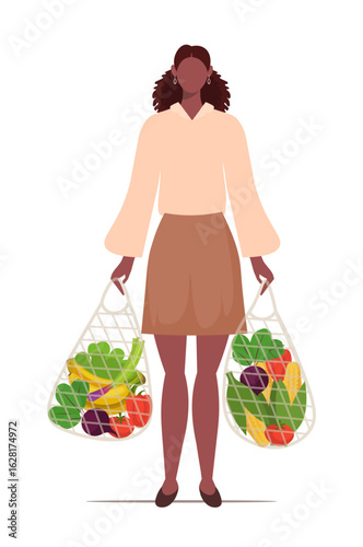 African american woman holding reusable mesh shopping bags with fruits and vegetables. Eco friendly responsible lifestyle and shopping. Vector illustration Not AI generated