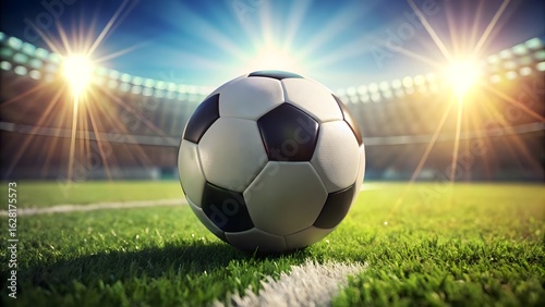 Soccer ball on stadium field with bright lights isolated on transparent background