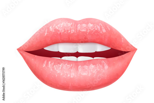 Sexy juicy lips in vibrant color isolated on white background. Perfect for beauty, makeup, and fashion concepts. Woman's kiss, a smile. Glossy and glamorous look. 3D realistic vector illustration.