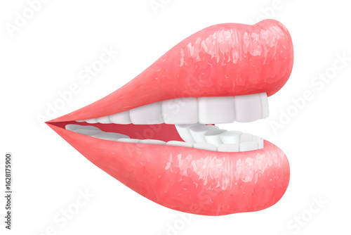 Sexy juicy lips in vibrant color isolated on white background. Perfect for beauty, makeup, and fashion concepts. Woman's kiss, a smile. Glossy and glamorous look. 3D realistic vector illustration.