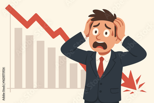 Stressed businessman in panic holding head over declining financial chart. Business crisis, economic recession, market crash, corporate failure concept vector illustration