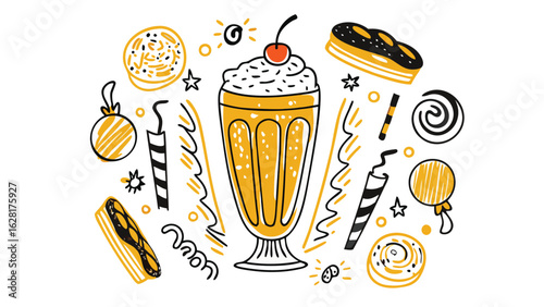 Illustration of a milkshake with cherry, pastries, confetti, and other festive elements around it