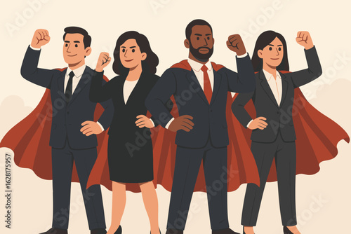 Business superhero team concept. Professional businesspeople with red capes standing together showing strength, determination, leadership success. Corporate teamwork vector illustration