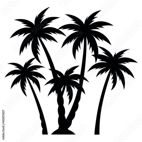 Bundle of six palm tree silhouettes in dynamic lean isolated on white background