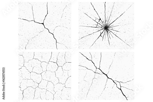 Crack shatter break texture vector set collection. Abstract grunge distressed surface fracture damage overlay background design. Broken glass stone concrete pattern