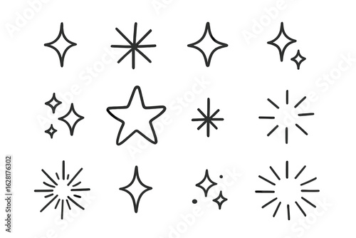 Hand drawn sparkle starburst elements set. Doodle line star shine burst icons collection. Decorative magic twinkle symbols for creative design graphics vector