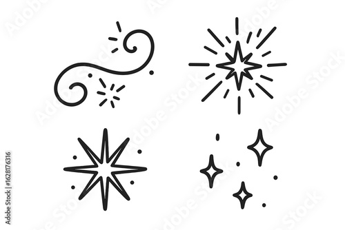 Hand drawn doodle sparkle star burst wind swirl decorative line art vector icons set. Abstract design elements symbols for graphic creative projects enhancement