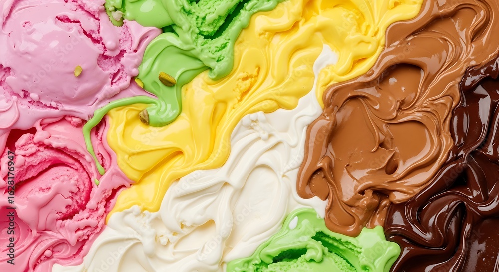 Obraz premium A vibrant, close-up view of assorted flavors of creamy, soft-serve ice cream artfully swirled together, showcasing a spectrum of colors and textures.
