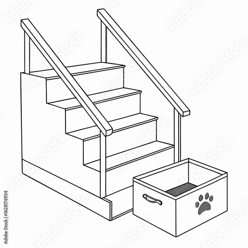 Elevated Structure: A detailed outline illustration showcases a wooden staircase with sturdy banisters and a complementary crate bearing a paw print.