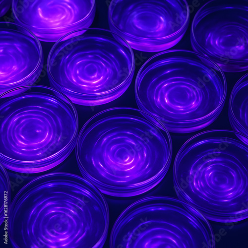 Glowing Purple Petri Dishes with Liquid Ripples – Futuristic Science Concept
