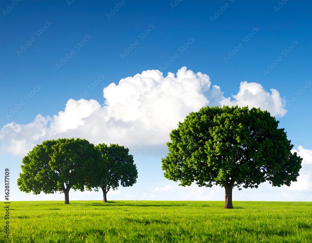 Obraz premium Scenic landscape with vibrant green trees against a blue sky and white clouds