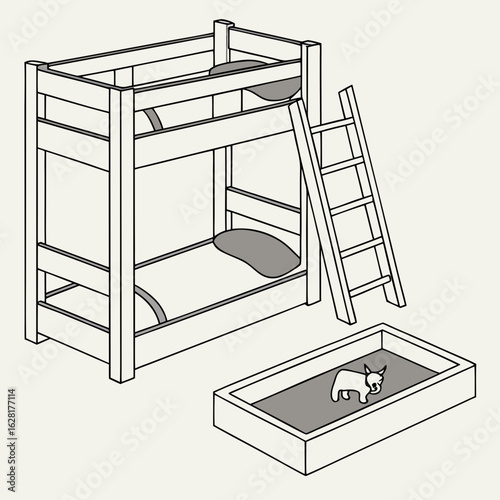 Cozy Bunk Bed Illustration: A minimalistic line drawing presents a bunk bed with a ladder, paired with a small, separate playpen, evoking a sense of comfort and play. 
