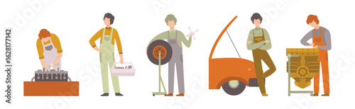 Car Service Man Worker Character Repair and Fix Engine Vector Set