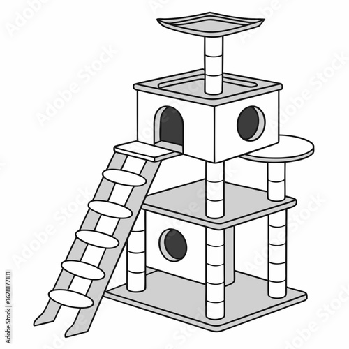 Cat tree house: A minimalist illustration of a multi-tiered cat tree, a sanctuary designed for feline enjoyment. Features include scratching posts, perches, and cozy hideaways