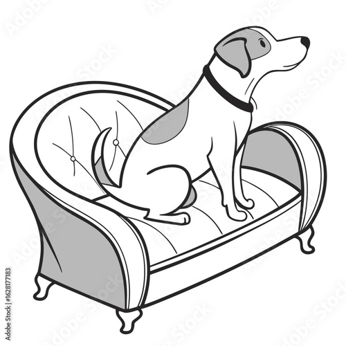 Dog Lounging in a Stylish Sofa: A charming and playful dog is relaxing and sitting on a luxurious sofa, capturing the essence of leisure and elegance.