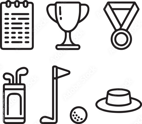 Golf Tournament Vector Outline Icons Scorecard, Trophy, Medal, Golf Bag, Flagstick, Golf Ball, and Spectator Hat