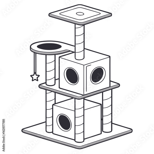 Cat tree illustration: A playful illustration showcases a multi-tiered cat tree, designed with a cozy perch, playful platforms, and a scratching post for a happy feline friend. 