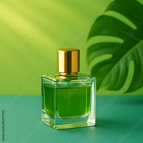 Stylish Green Perfume Bottle with Gold Cap – Botanical Fragrance Branding Concept