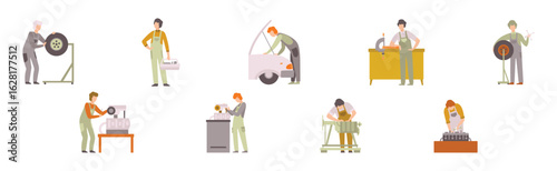 Car Service Man Worker Character Repair and Fix Engine Vector Set