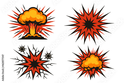 Comic explosion burst vector set collection. Nuclear blast starburst impact effects. Dynamic powerful red black pop art style graphics for design