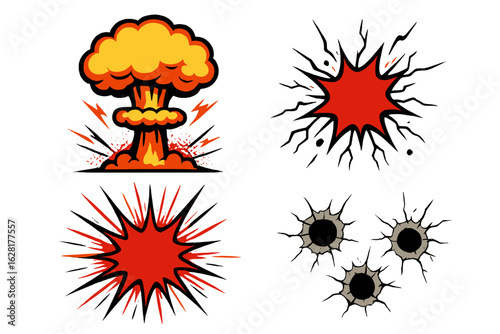 Comic explosion blast effects vector set dynamic impact starburst bullet holes cracks pop art graphic design red orange nuclear mushroom cloud burst cartoon style
