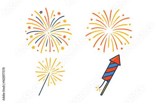 Colorful fireworks sparklers rockets vector set celebration New Year Fourth July holiday festive explosion burst pyrotechnics independence day party decorative