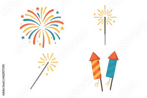 Colorful fireworks sparklers rockets vector set celebration pyrotechnics festive holiday party burst explosion illustration transparent background collection