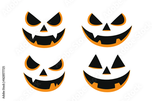 Halloween pumpkin jack-o'-lantern scary faces set collection. Spooky carved orange black autumn holiday decoration vector illustration transparent background