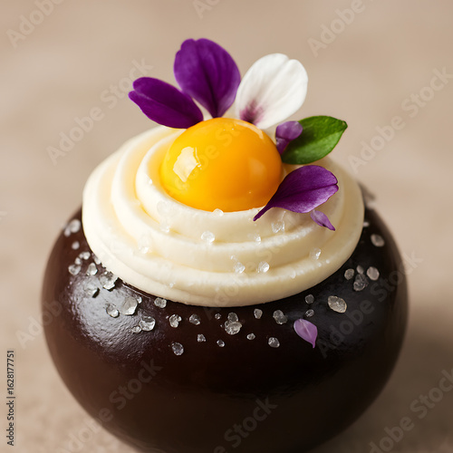 Gourmet Chocolate Dessert with Whipped Cream, Edible Flowers, and Sugar Crystals