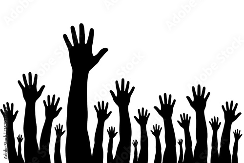 Raised hands silhouette crowd unity celebration teamwork volunteer community support together democracy participation voting concept black vector illustration