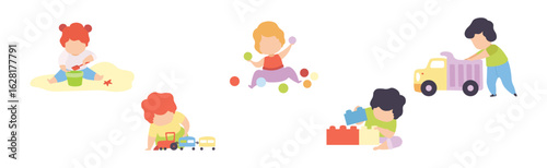 Baby Boy and Girl Playing Toys in Nursery Vector Set