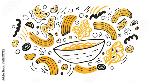 Illustration of a bowl of pasta surrounded by various pasta shapes and doodle elements in yellow