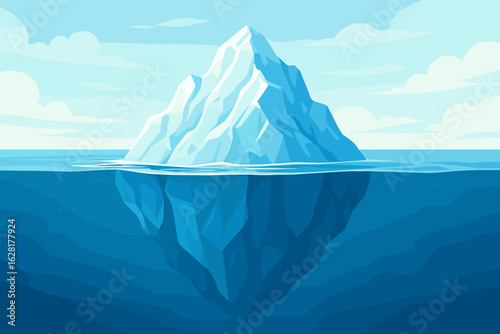 Iceberg ocean cross section underwater hidden part above water metaphor concept vector illustration arctic sea landscape cold blue ice mountain tip business analogy