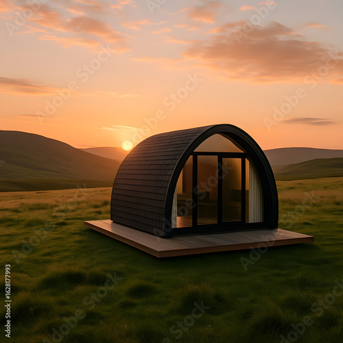 Modern Tiny Cabin in Nature at Sunset – Off-Grid Retreat in Scenic Landscape