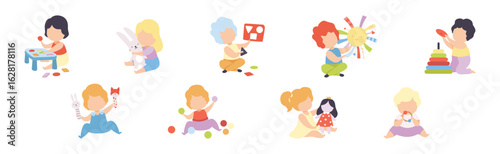 Baby Boy and Girl Playing Toys in Nursery Vector Set