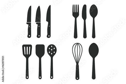 Kitchen utensils cutlery icons set knives forks spoons spatulas whisks cooking tools culinary restaurant design vector illustration black silhouette collection