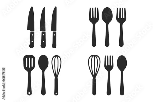 Kitchen utensils cutlery icons vector set collection silhouettes knives forks spoons spatula whisk cooking culinary restaurant chef food preparation tools